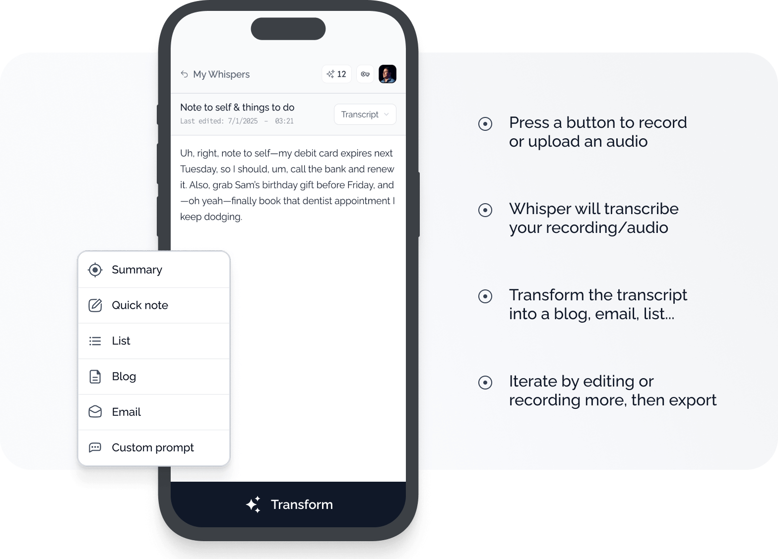 Voxora voice note transformation preview